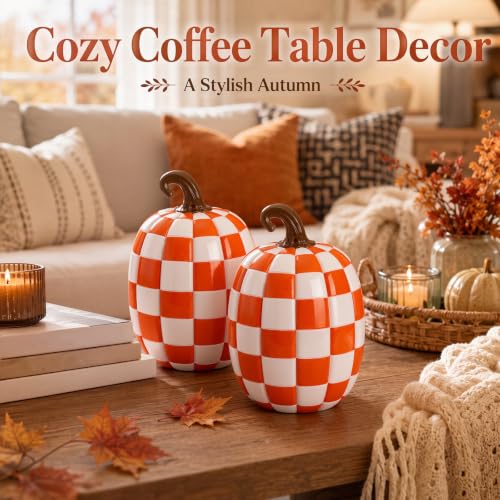 Large Orange and White Resin Pumpkin Halloween Decor - 8.6 Inch Set - Fall Harvest Decorations