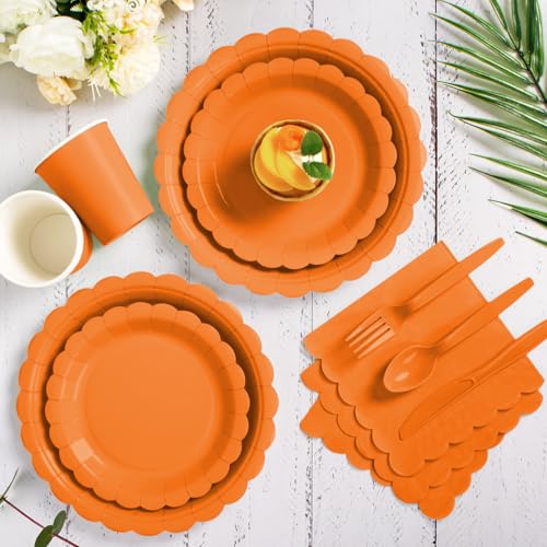 Orange Paper Plates and Napkins Party Set - 175 Pieces for Fall & Halloween