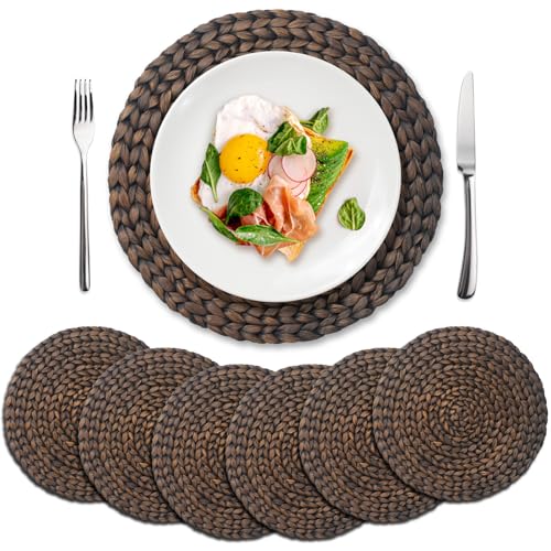 Black Woven Wicker Placemats Set of 6 - 13.8 Inch Round Water Hyacinth Table Mats