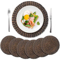 Black Woven Wicker Placemats Set of 6 - 13.8 Inch Round Water Hyacinth Table Mats
