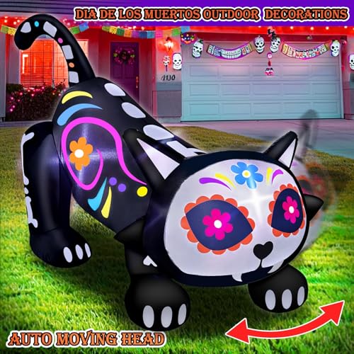 5 Ft Day of The Dead Skeleton Cat Inflatable Halloween Decor with Lights