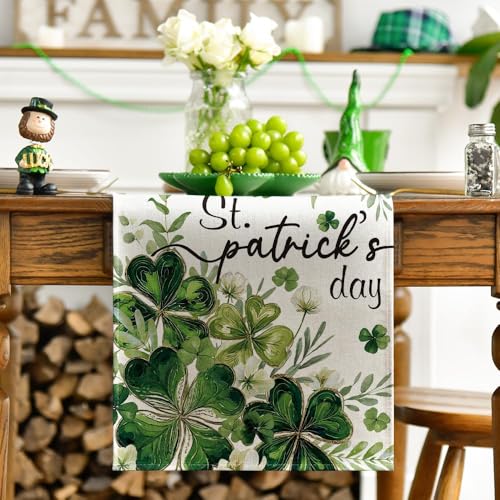 13x90 Inch Shamrocks Floral Leaves Table Runner for St Patrick's Day Decor Beige