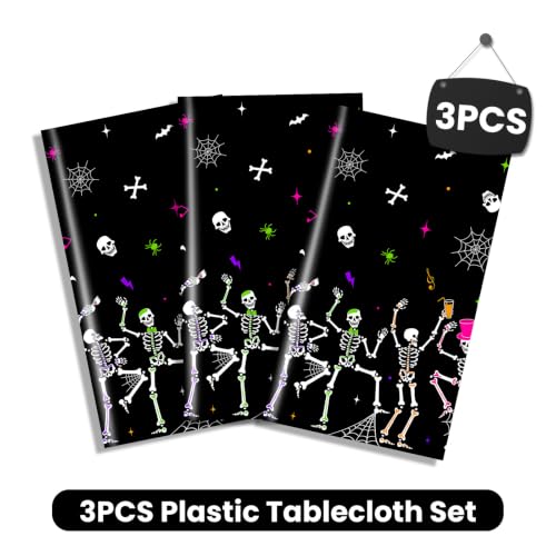 Halloween Dancing Skeleton Tablecloth Set - 3 Pack, Waterproof Plastic, 274x137 cm