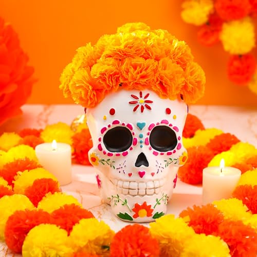 Day of the Dead Sugar Skull Centerpiece with 20 Marigolds - Halloween Home Decor