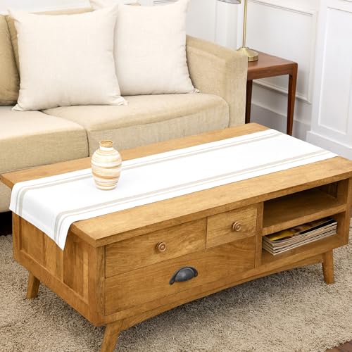 Pure Linen Table Runner 14x60 Inch Natural & White Striped - Handcrafted