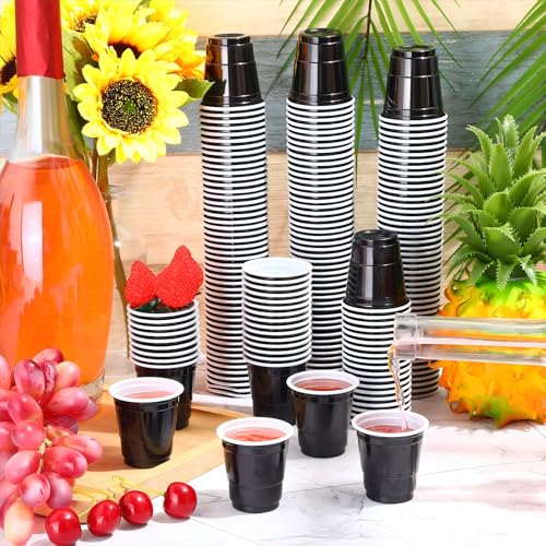 Disposable Plastic Shot Cups - 2oz Mini Glass Cups, Black, 200 Pack, Stackable