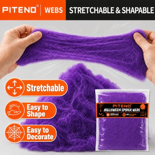 Purple Halloween Spider Webs Decoration Kit - 1200 sqft Stretchable Web with 40 Fake Spiders