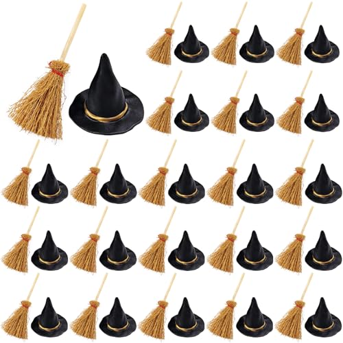 Mini Witch Hat and Broom Set for Halloween Decorations - 50 Pieces