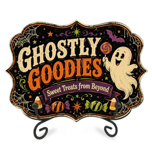 Halloween Candy Buffet Wooden Sign - Ghostly Goodies & Treats - 5x7 Inches with Stand - Festive Fall Decor - A01