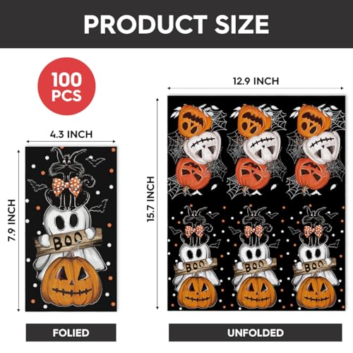 Halloween Paper Napkins 100 Pack - Orange Jack-O-Lantern Ghost Dots, 4.3x7.9 Inches