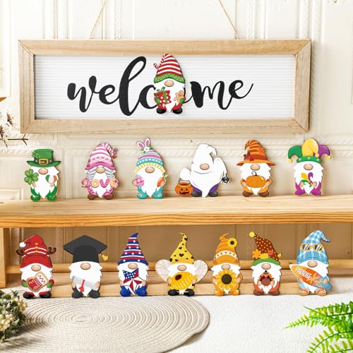 Interchangeable Wooden Seasonal Welcome Sign with Gnome Magnet Icons - Holiday & All Seasons Decor