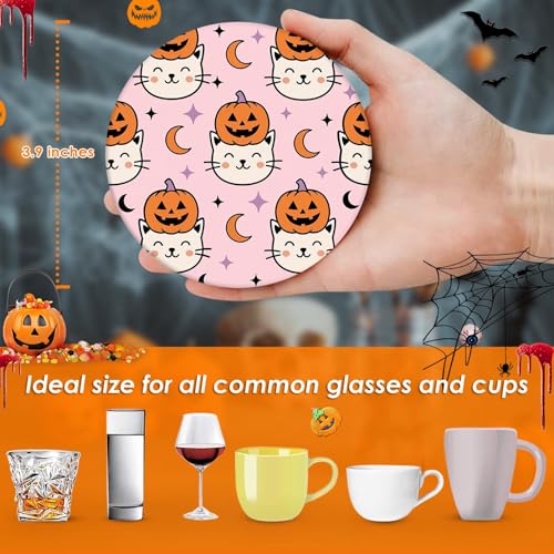 Halloween Coasters Set of 6 - Ceramic Pink Ghost Drink Protectors with Cork Bottom & Holder