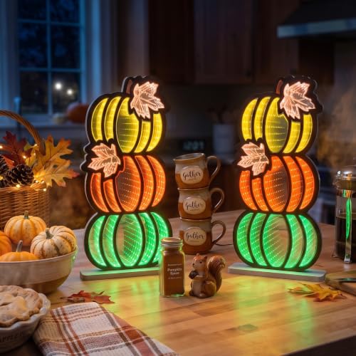 Fall Pumpkin Infinity Mirror Tunnel Lights - 3 Stacked Pumpkins for Autumn Decor, Yellow Orange Green Variation