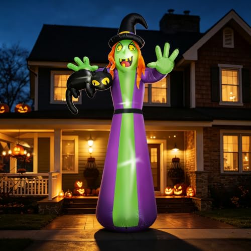 12 FT Giant Inflatable Witch with Black Cat & LED Lights - Outdoor Halloween Decor