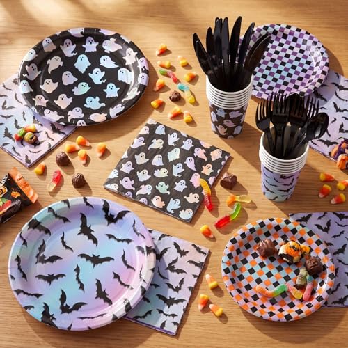 Halloween Paper Plate and Napkin Set with Ghost & Bat Laser Design - 24 Pack