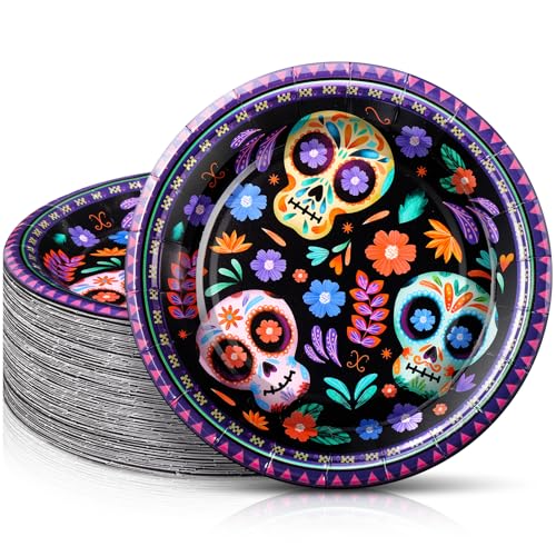 Purple Dia De Los Muertos Sugar Skull Paper Plates 7 Inch - 100 Pack