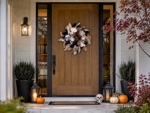 24-Inch Halloween Wreath with Skulls, Leaves & Peonies for Front Door Decor