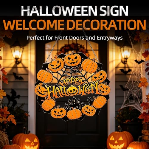 Halloween Door Sign - Acrylic Welcome Sign with Pumpkin & Spider - Outdoor Indoor Porch Decor