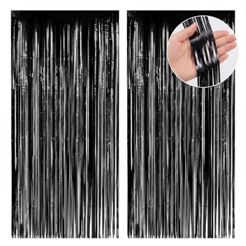 Black Tinsel Curtain Backdrop - 2 Pack PET Fringe Panels, 3.3 x 6.6 FT - Black Variation