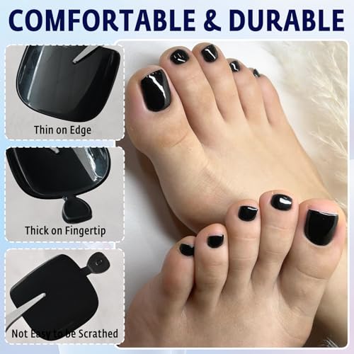 Black Short Square Press On Toenails Kit for Women - 144 Pcs with Adhesives & Nail Tools