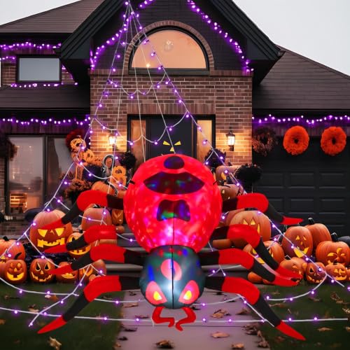 8 FT Giant Inflatable Halloween Spider with Red Web Lights - Outdoor Yard Decor