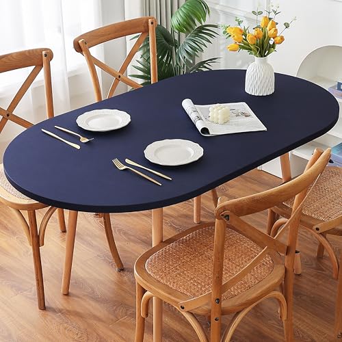 Navy Blue Fitted Spandex Oval Tablecloth 42x72 Inch with Elastic Band