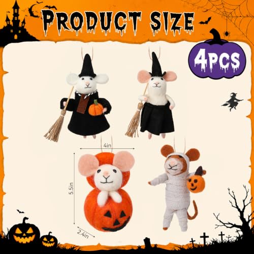 Halloween Felt Mouse Ornaments Set - Wool Handmade Decor with Pumpkin & Witch Details - 4 Pieces