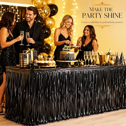 Black Foil Fringe Table Skirt - 2 Pack, 29x108 Inches, Metallic Tinsel Streamers