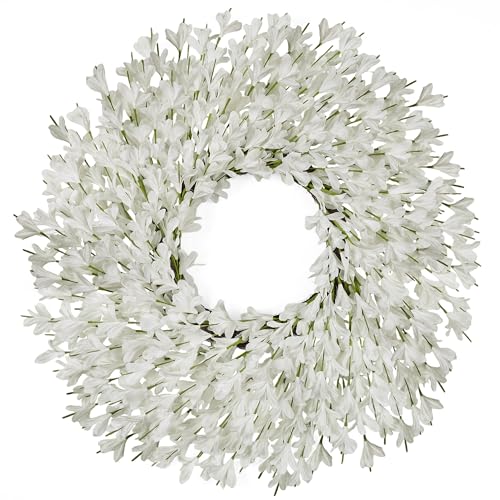 Spring Wreath for Front Door - 26 Inch Artificial Forsythia, All Season Outdoor Decor - White-R