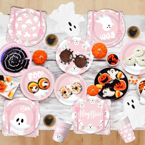 Pink Halloween Ghost Paper Plates and Napkins Set - 144pcs Party Supplies