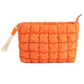 DOB SECHS Puffer Quilted Makeup Bag with Handle, Cute Puffy Cotton Cosmetic Bags for Women, Mini Checkered Toiletry Zipper Pouch, Travel Essentials Storage Organizer Clutch Pouches Pencil Case, Orange