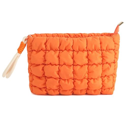 DOB SECHS Puffer Quilted Makeup Bag with Handle, Cute Puffy Cotton Cosmetic Bags for Women, Mini Checkered Toiletry Zipper Pouch, Travel Essentials Storage Organizer Clutch Pouches Pencil Case, Orange