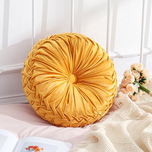 15-Inch Round Pumpkin Throw Pillow - Yellow Fall Decorative Pillow - Ruffle Design