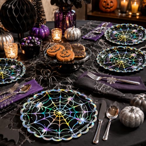 Spider Web Halloween Paper Plates 7 Inch - 50 Pack, Holographic Design