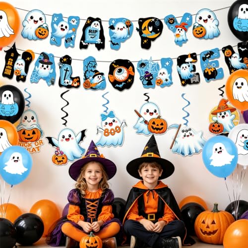 Halloween Ghost Party Decorations Set | 51-Piece Ghosts, Banner, Balloons & Cake Toppers