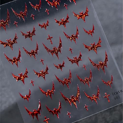 Halloween Bat Nail Stickers - 5D Embossed Red Bats & Holographic Glitter - Style-13