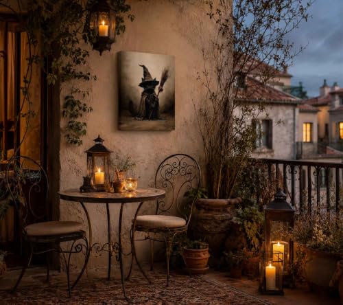 Wizard Black Cat Wall Art Canvas - Halloween Gothic Animal Decor 16x12in