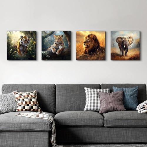 Wildlife Animals Canvas Wall Art Set - 16x16 Inch Safari Animal Decor for Living Room & Nursery - 4 Pieces - Elephant Lion Tiger Leopard - Jungle Wildlife Art
