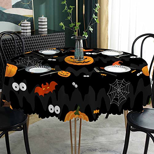 AOYEGO Halloween Round Tablecloth 60 Inch Evil Pumpkin Bat Eyes Wizard Hat Dark Decor