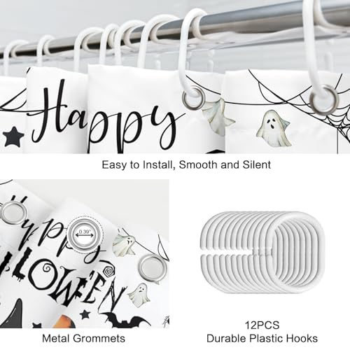 Halloween Shower Curtain for Bathroom - Funny Dog Ghost Pumpkin Bat Theme, Waterproof Fabric, 72x72 Inches, White Variation