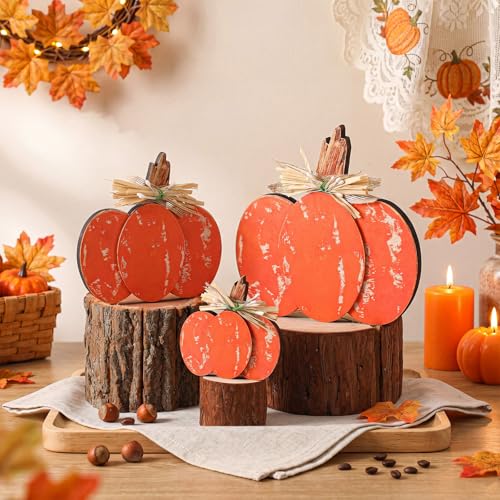 Rustic Fall Wooden Pumpkin Decor Set - 3 Pcs Tabletop Autumn Decorations - 4, 6, 8 Inches with Distressed Finish & Raffia Bows