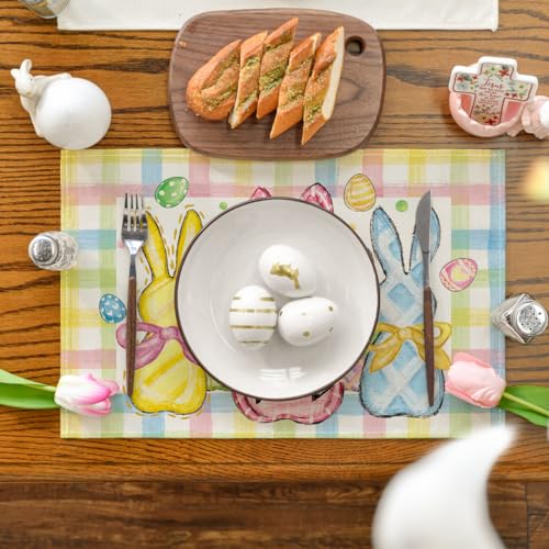 Colorful Buffalo Plaid Bunny Easter Placemats Set of 4 - 12x18 Yellow