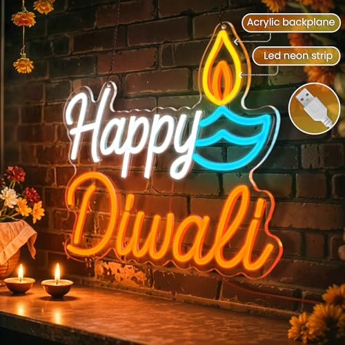 Diwali Neon Sign - Festive Wall Decor with Dimmable Brightness - Indoor Festival Lights - Mandir