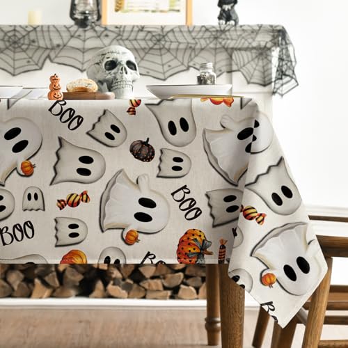 Halloween Tablecloth 60 x 84 Inch Rectangular Ghost Pumpkin Beige - Durable Polyester