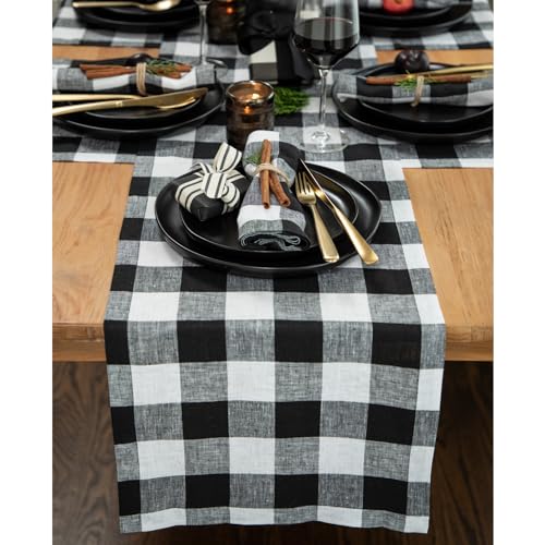 Black & White Check Linen Table Runner 14 x 108 Inches - Handcrafted