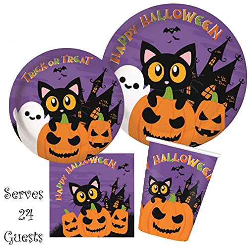 Halloween Party Supplies Kit for 24 Guests - Plates Cups Balloons Banner Decorations