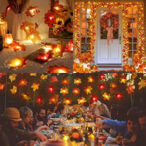 2 Pack Fall Maple Leaf String Lights - 20ft LED Autumn Decorations for Home & Outdoors