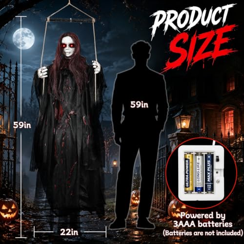 Hanging Ghost Halloween Decorations Outdoor 59-Inch Swinging Ghost Doll with Glowing Eyes