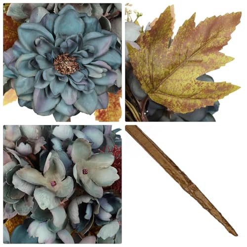 Artificial Fall Flower Bouquet 2 Pack - Blue Silk Dahlia Hydrangea Stems for Home Decor & Weddings