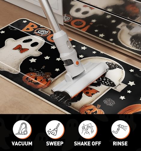 Halloween Kitchen Mat Set of 2 - Black Pumpkin Ghost, 17x29 & 17x47 Inches